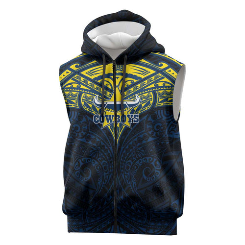 Personalized North Queensland Cowboys Sleeveless Zip Hoodie Polynesian Tribal Pattern Style