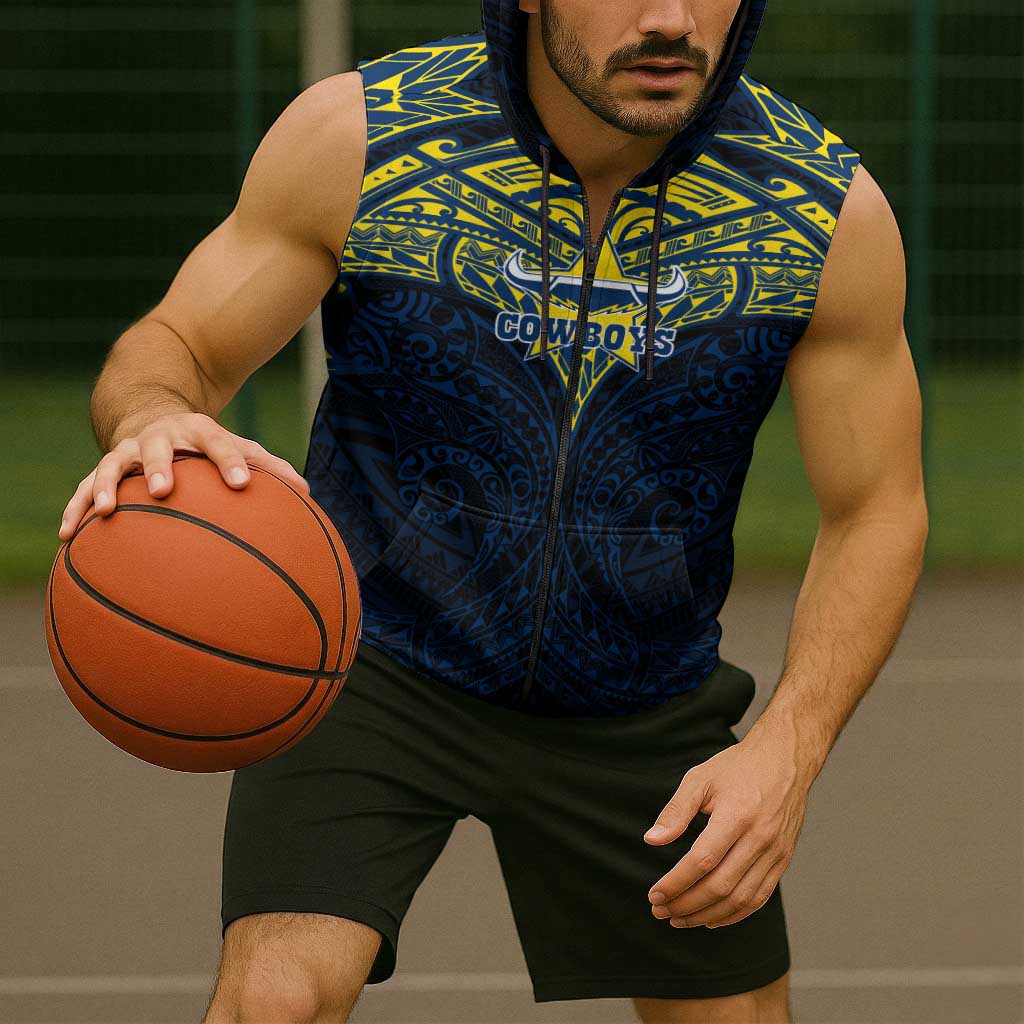 Personalized North Queensland Cowboys Sleeveless Zip Hoodie Polynesian Tribal Pattern Style