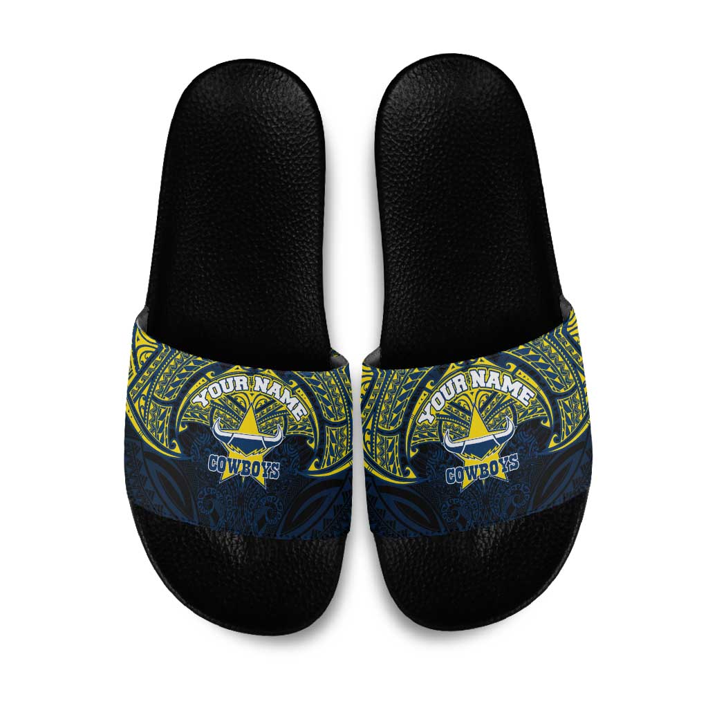 Personalized North Queensland Cowboys Slide Sandals Polynesian Tribal Pattern Style