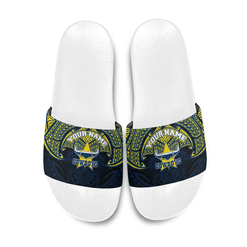Personalized North Queensland Cowboys Slide Sandals Polynesian Tribal Pattern Style