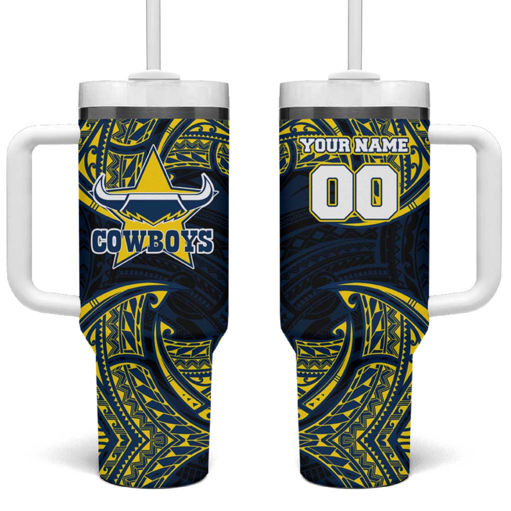 Personalized North Queensland Cowboys Tumbler With Handle Polynesian Tribal Pattern Style