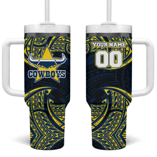 Personalized North Queensland Cowboys Tumbler With Handle Polynesian Tribal Pattern Style