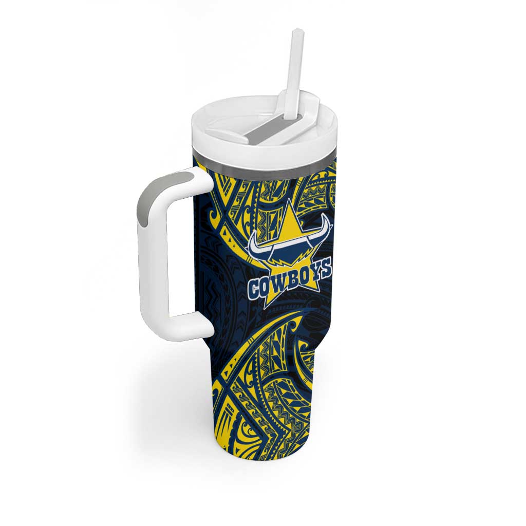 Personalized North Queensland Cowboys Tumbler With Handle Polynesian Tribal Pattern Style