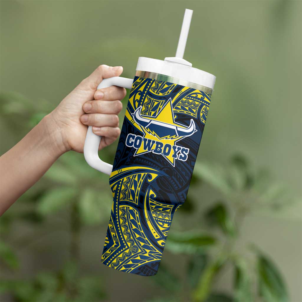 Personalized North Queensland Cowboys Tumbler With Handle Polynesian Tribal Pattern Style