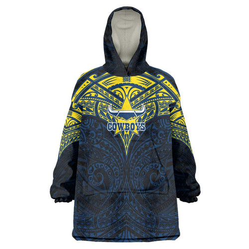 Personalized North Queensland Cowboys Wearable Blanket Hoodie Polynesian Tribal Pattern Style