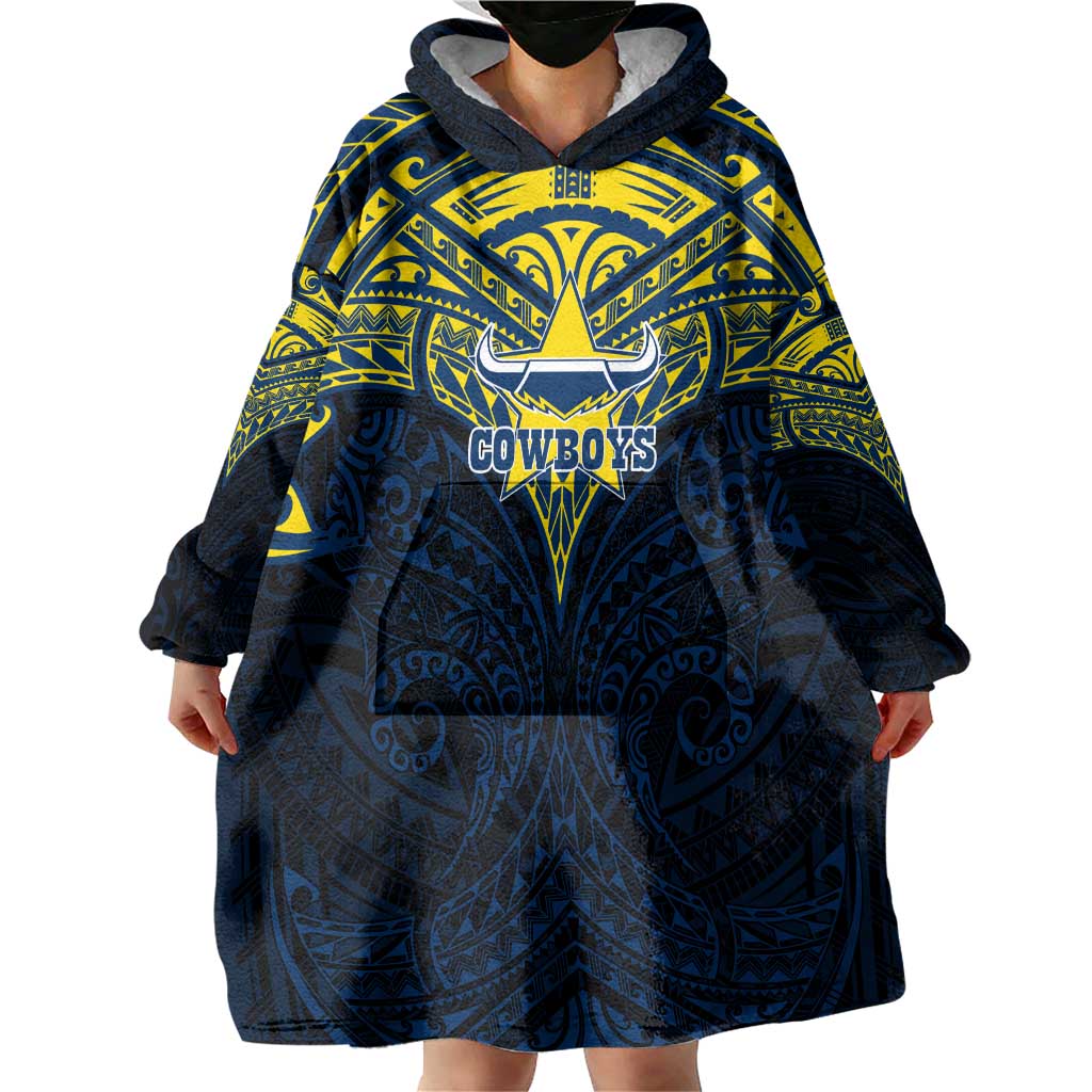 Personalized North Queensland Cowboys Wearable Blanket Hoodie Polynesian Tribal Pattern Style
