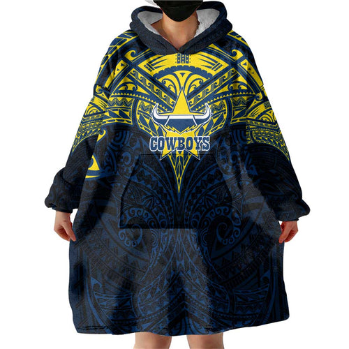 Personalized North Queensland Cowboys Wearable Blanket Hoodie Polynesian Tribal Pattern Style