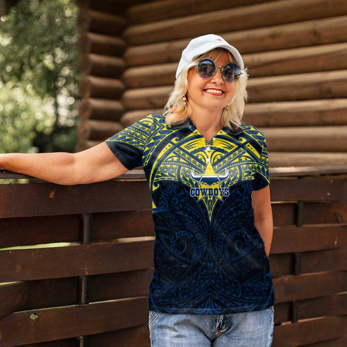 Personalized North Queensland Cowboys Women Polo Shirt Polynesian Tribal Pattern Style