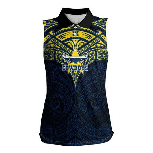 Personalized North Queensland Cowboys Women Sleeveless Polo Shirt Polynesian Tribal Pattern Style