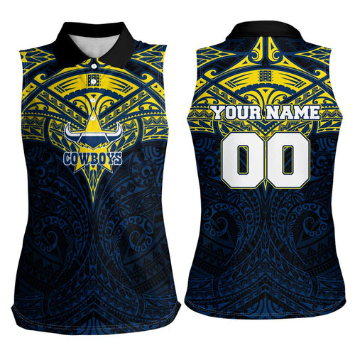 Personalized North Queensland Cowboys Women Sleeveless Polo Shirt Polynesian Tribal Pattern Style