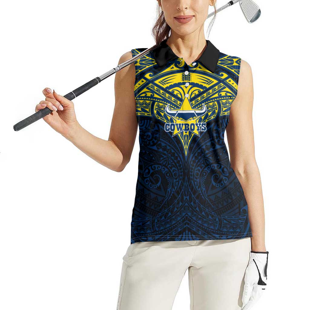 Personalized North Queensland Cowboys Women Sleeveless Polo Shirt Polynesian Tribal Pattern Style