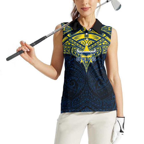 Personalized North Queensland Cowboys Women Sleeveless Polo Shirt Polynesian Tribal Pattern Style