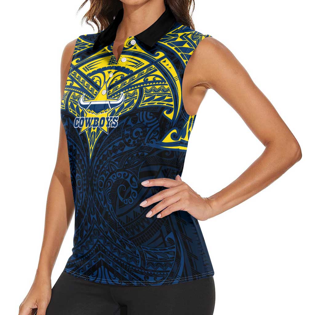 Personalized North Queensland Cowboys Women Sleeveless Polo Shirt Polynesian Tribal Pattern Style