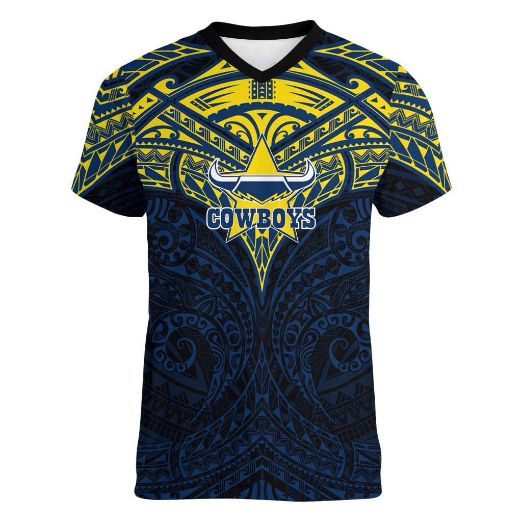 Personalized North Queensland Cowboys Women V-Neck T-Shirt Polynesian Tribal Pattern Style