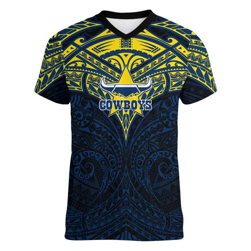 Personalized North Queensland Cowboys Women V-Neck T-Shirt Polynesian Tribal Pattern Style
