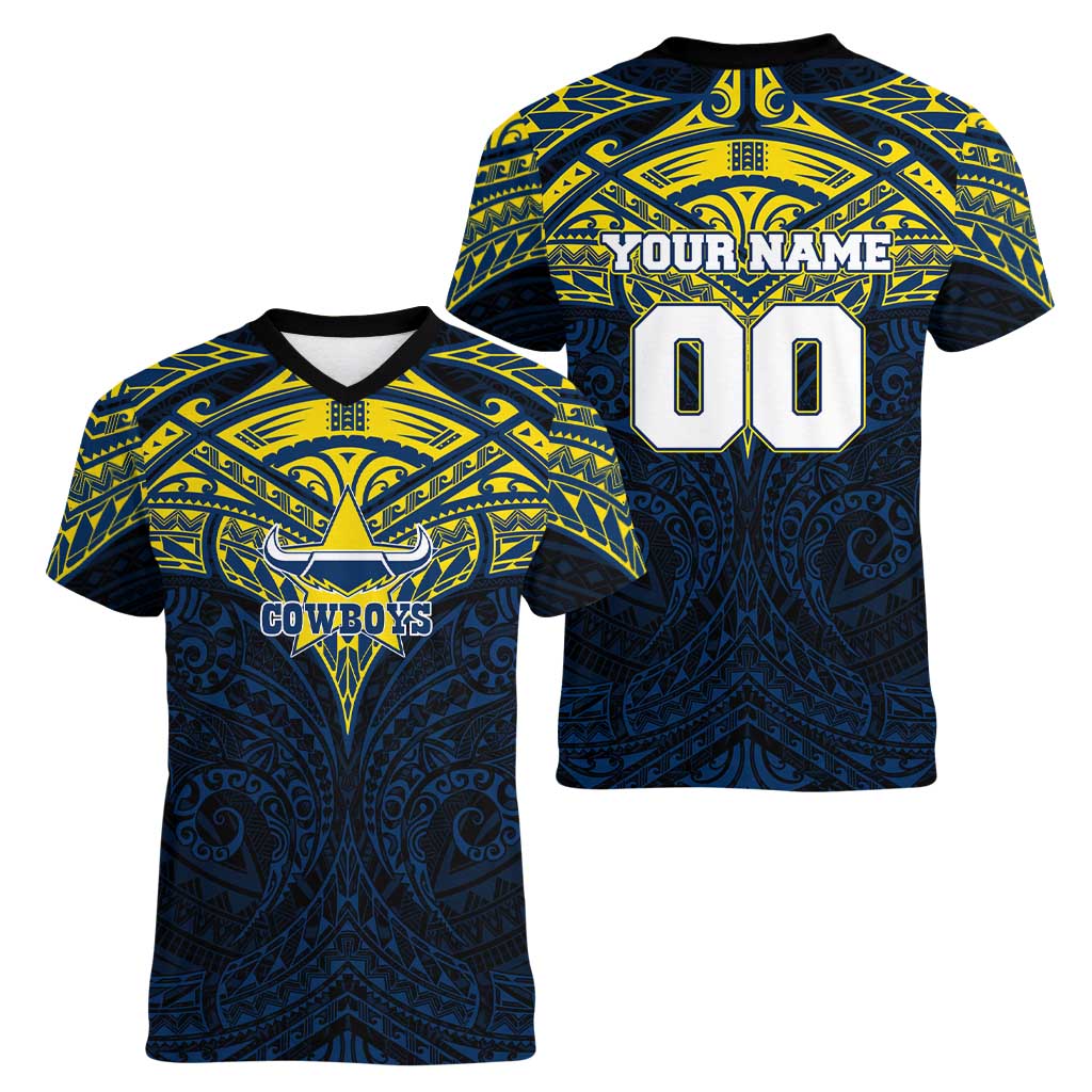 Personalized North Queensland Cowboys Women V-Neck T-Shirt Polynesian Tribal Pattern Style