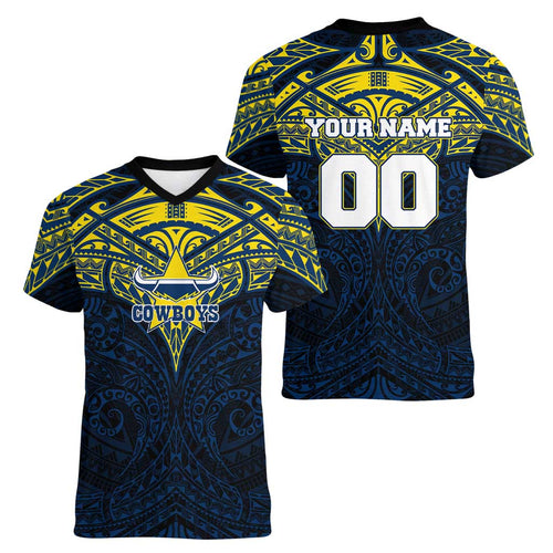 Personalized North Queensland Cowboys Women V-Neck T-Shirt Polynesian Tribal Pattern Style