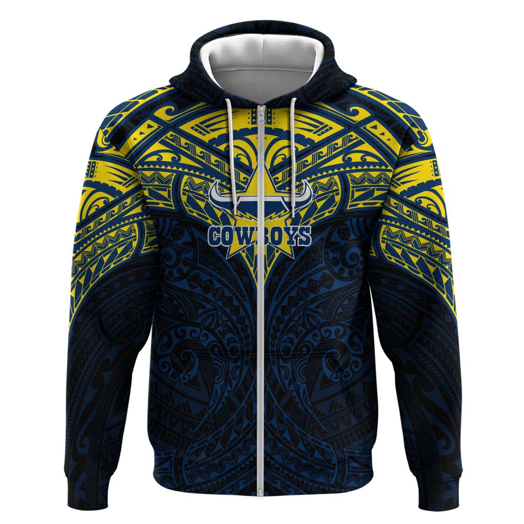 Personalized North Queensland Cowboys Zip Hoodie Polynesian Tribal Pattern Style