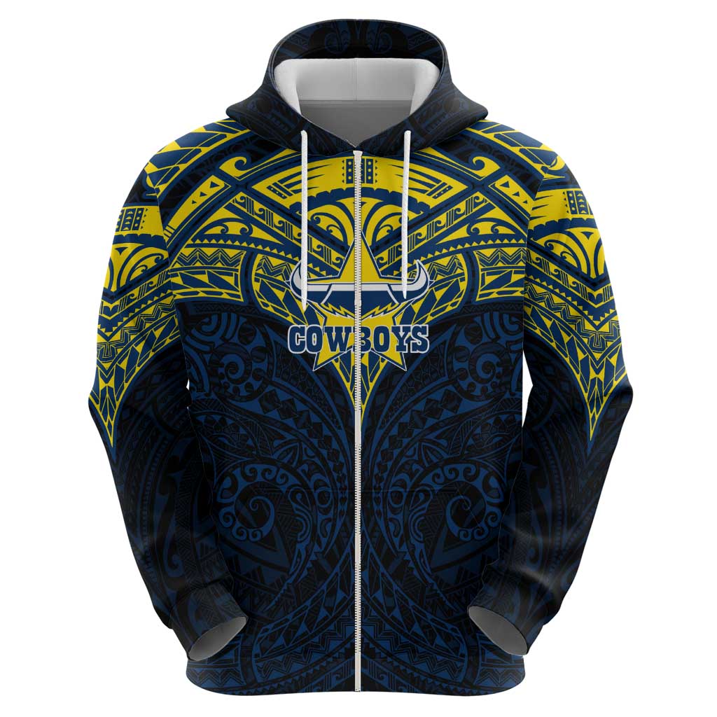 Personalized North Queensland Cowboys Zip Hoodie Polynesian Tribal Pattern Style