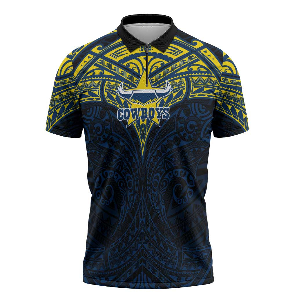 Personalized North Queensland Cowboys Zipper Polo Shirt Polynesian Tribal Pattern Style