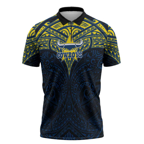 Personalized North Queensland Cowboys Zipper Polo Shirt Polynesian Tribal Pattern Style