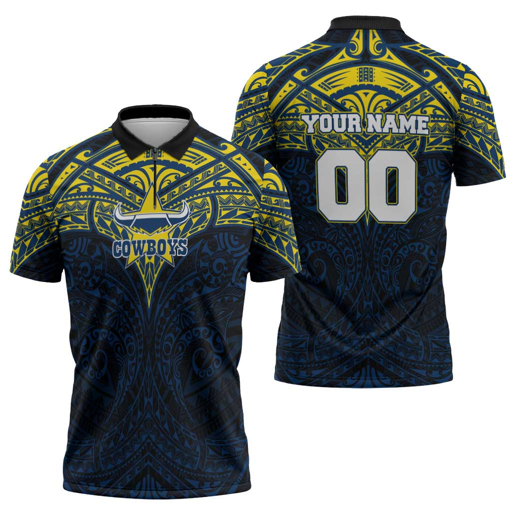 Personalized North Queensland Cowboys Zipper Polo Shirt Polynesian Tribal Pattern Style