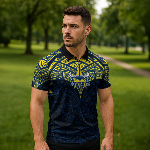 Personalized North Queensland Cowboys Zipper Polo Shirt Polynesian Tribal Pattern Style