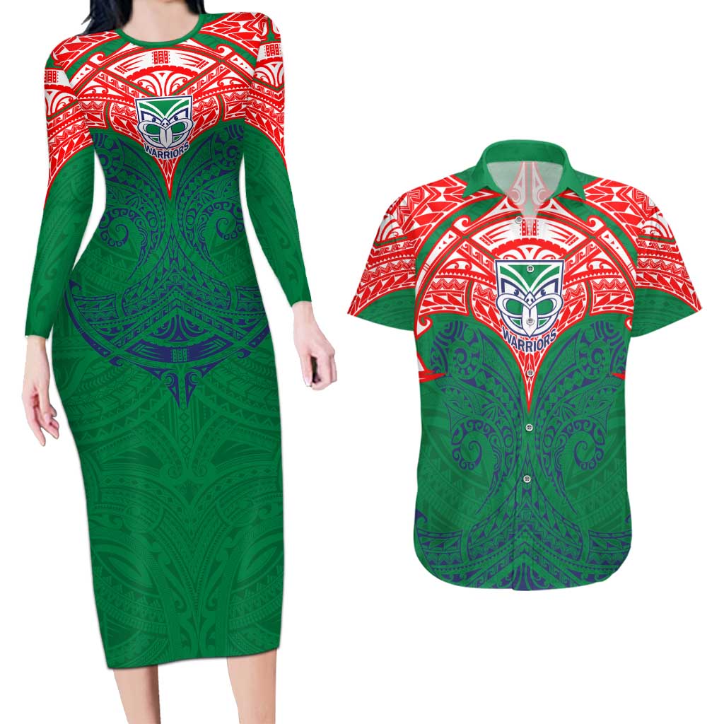 Personalized New Zealand Warriors Couples Matching Long Sleeve Bodycon Dress and Hawaiian Shirt Polynesian Tribal Pattern Style