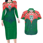 Personalized New Zealand Warriors Couples Matching Long Sleeve Bodycon Dress and Hawaiian Shirt Polynesian Tribal Pattern Style