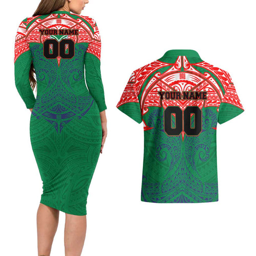 Personalized New Zealand Warriors Couples Matching Long Sleeve Bodycon Dress and Hawaiian Shirt Polynesian Tribal Pattern Style