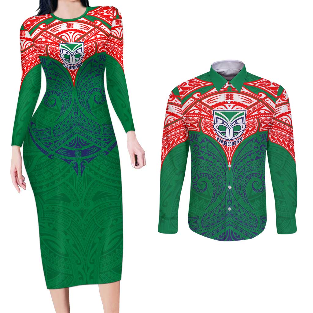 Personalized New Zealand Warriors Couples Matching Long Sleeve Bodycon Dress and Long Sleeve Button Shirt Polynesian Tribal Pattern Style
