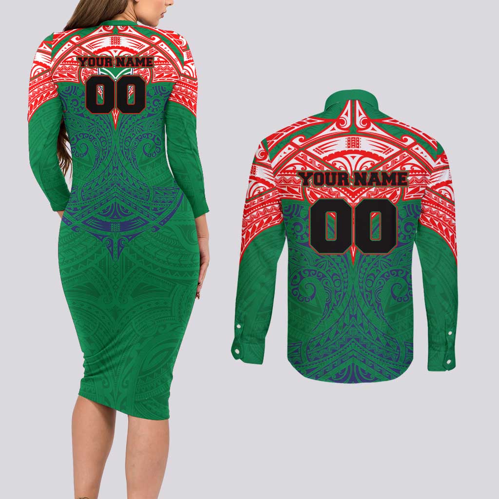 Personalized New Zealand Warriors Couples Matching Long Sleeve Bodycon Dress and Long Sleeve Button Shirt Polynesian Tribal Pattern Style