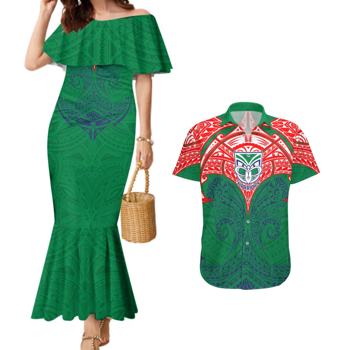 Personalized New Zealand Warriors Couples Matching Mermaid Dress and Hawaiian Shirt Polynesian Tribal Pattern Style