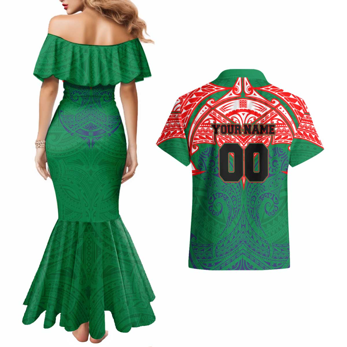 Personalized New Zealand Warriors Couples Matching Mermaid Dress and Hawaiian Shirt Polynesian Tribal Pattern Style