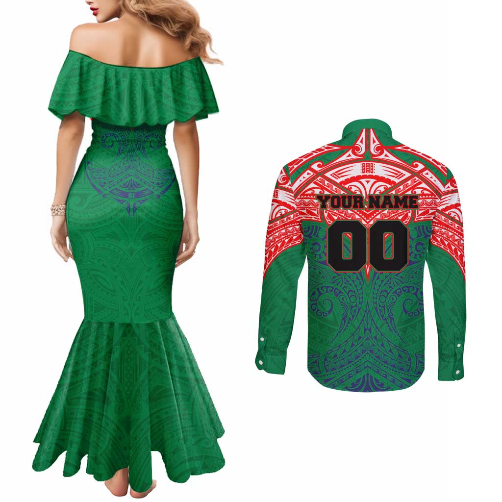 Personalized New Zealand Warriors Couples Matching Mermaid Dress and Long Sleeve Button Shirt Polynesian Tribal Pattern Style