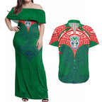 Personalized New Zealand Warriors Couples Matching Off Shoulder Maxi Dress and Hawaiian Shirt Polynesian Tribal Pattern Style