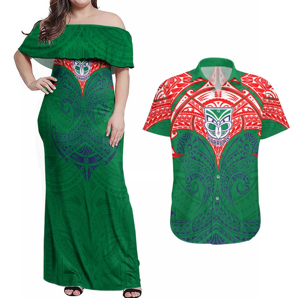Personalized New Zealand Warriors Couples Matching Off Shoulder Maxi Dress and Hawaiian Shirt Polynesian Tribal Pattern Style
