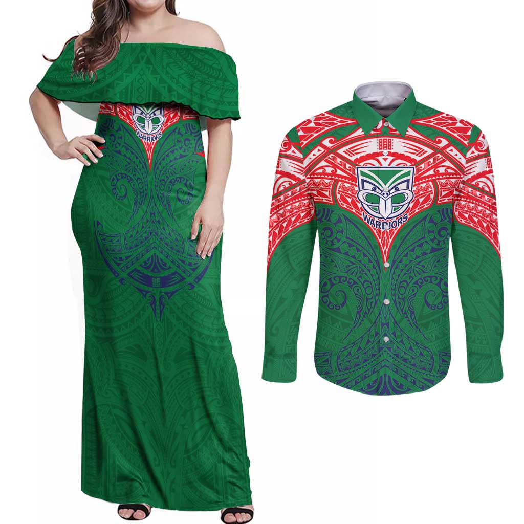 Personalized New Zealand Warriors Couples Matching Off Shoulder Maxi Dress and Long Sleeve Button Shirt Polynesian Tribal Pattern Style