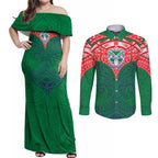 Personalized New Zealand Warriors Couples Matching Off Shoulder Maxi Dress and Long Sleeve Button Shirt Polynesian Tribal Pattern Style