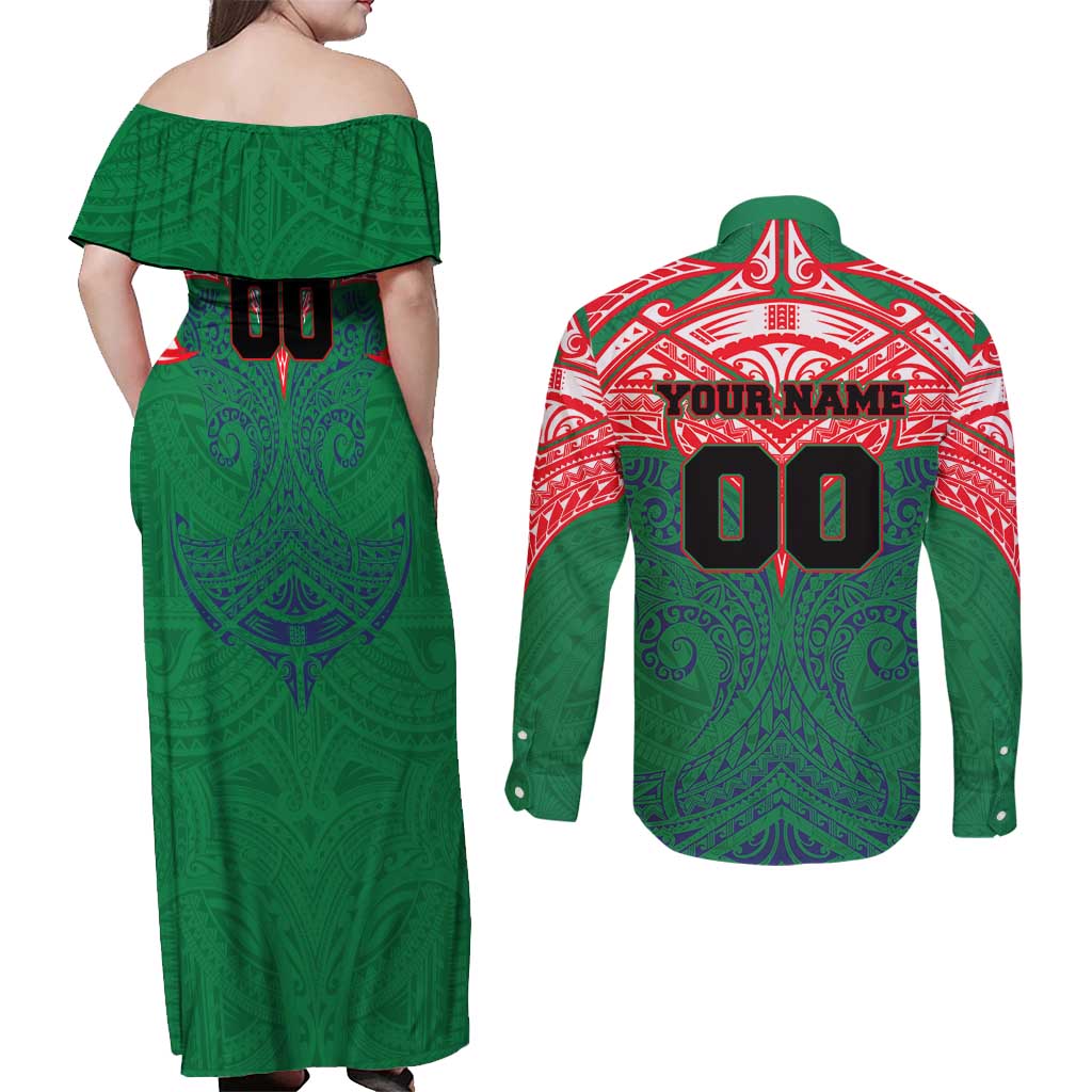 Personalized New Zealand Warriors Couples Matching Off Shoulder Maxi Dress and Long Sleeve Button Shirt Polynesian Tribal Pattern Style