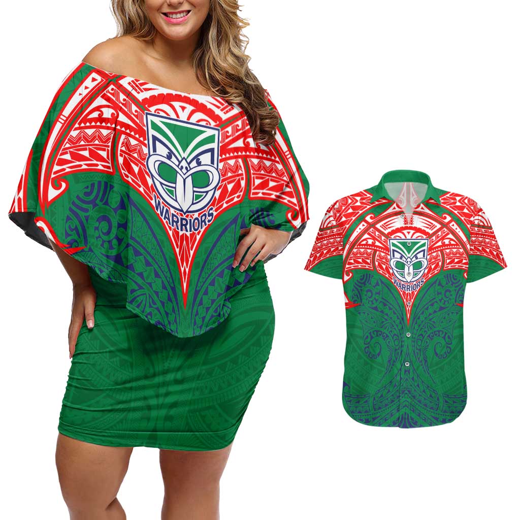 Personalized New Zealand Warriors Couples Matching Off Shoulder Short Dress and Hawaiian Shirt Polynesian Tribal Pattern Style