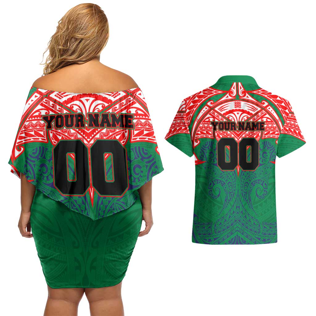 Personalized New Zealand Warriors Couples Matching Off Shoulder Short Dress and Hawaiian Shirt Polynesian Tribal Pattern Style