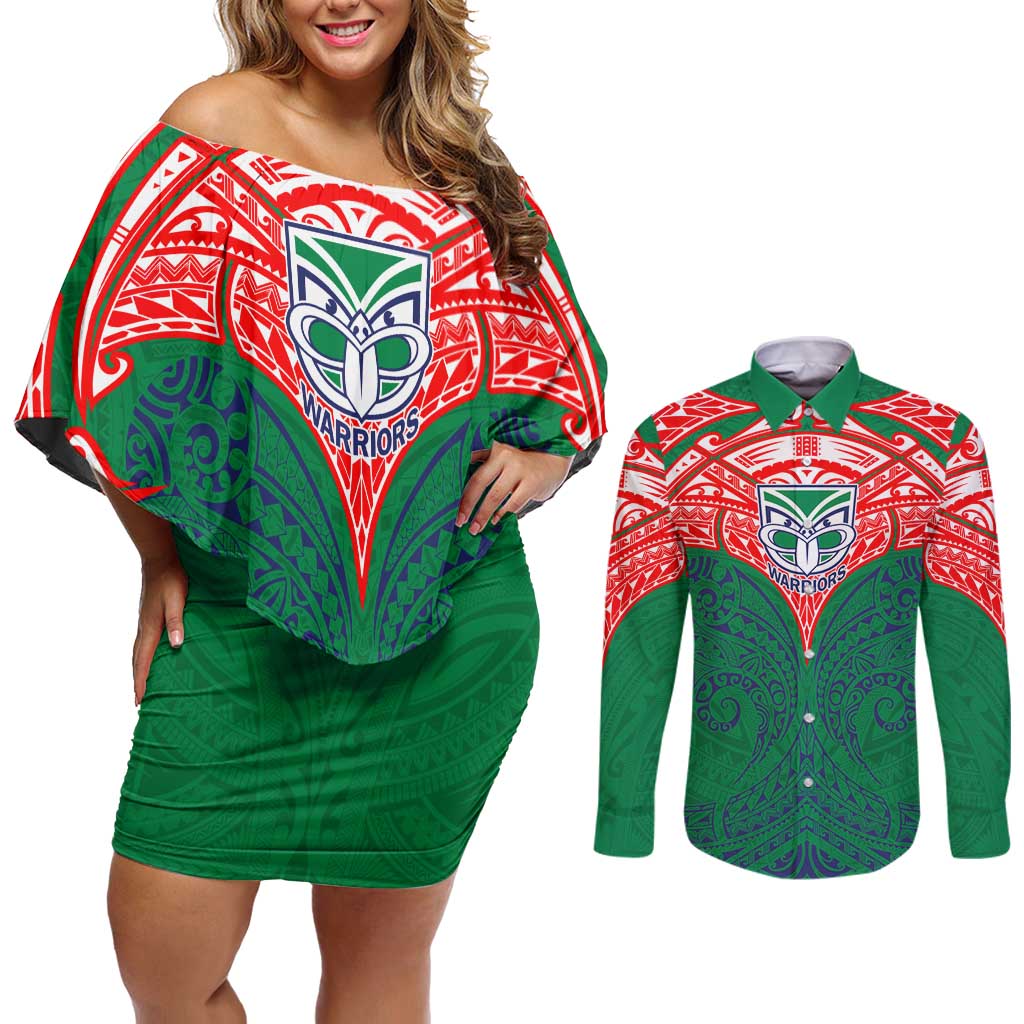 Personalized New Zealand Warriors Couples Matching Off Shoulder Short Dress and Long Sleeve Button Shirt Polynesian Tribal Pattern Style