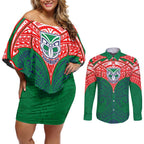 Personalized New Zealand Warriors Couples Matching Off Shoulder Short Dress and Long Sleeve Button Shirt Polynesian Tribal Pattern Style