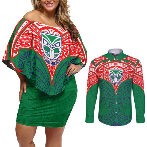 Personalized New Zealand Warriors Couples Matching Off Shoulder Short Dress and Long Sleeve Button Shirt Polynesian Tribal Pattern Style