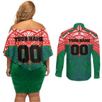 Personalized New Zealand Warriors Couples Matching Off Shoulder Short Dress and Long Sleeve Button Shirt Polynesian Tribal Pattern Style