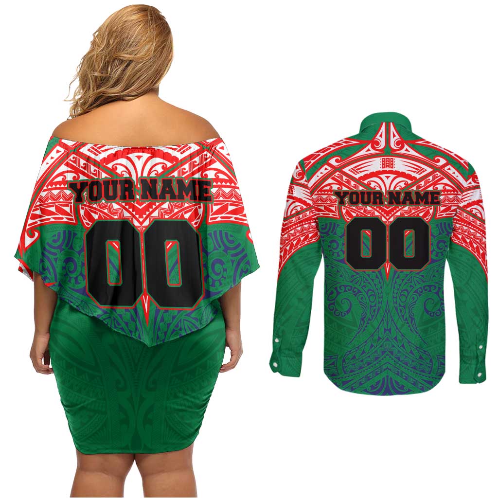 Personalized New Zealand Warriors Couples Matching Off Shoulder Short Dress and Long Sleeve Button Shirt Polynesian Tribal Pattern Style