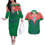 Personalized New Zealand Warriors Couples Matching Off The Shoulder Long Sleeve Dress and Hawaiian Shirt Polynesian Tribal Pattern Style