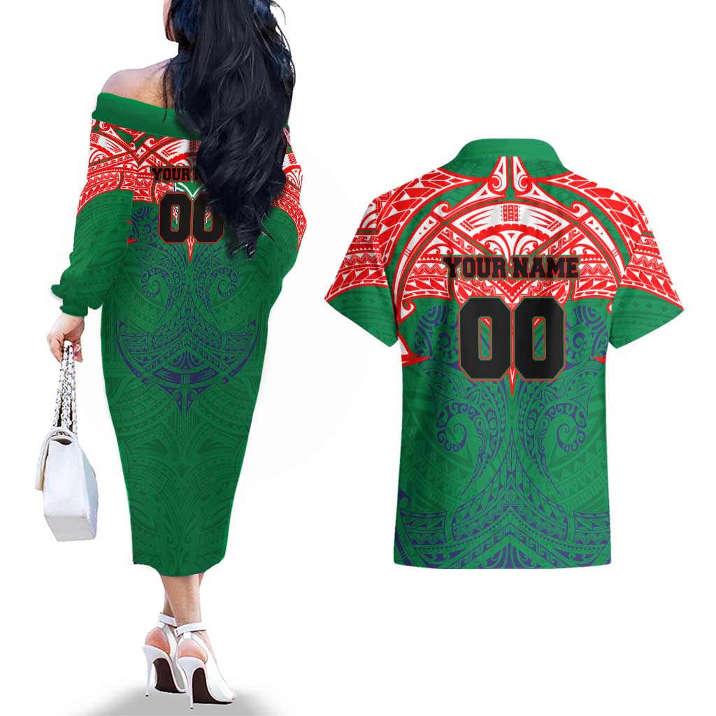 Personalized New Zealand Warriors Couples Matching Off The Shoulder Long Sleeve Dress and Hawaiian Shirt Polynesian Tribal Pattern Style