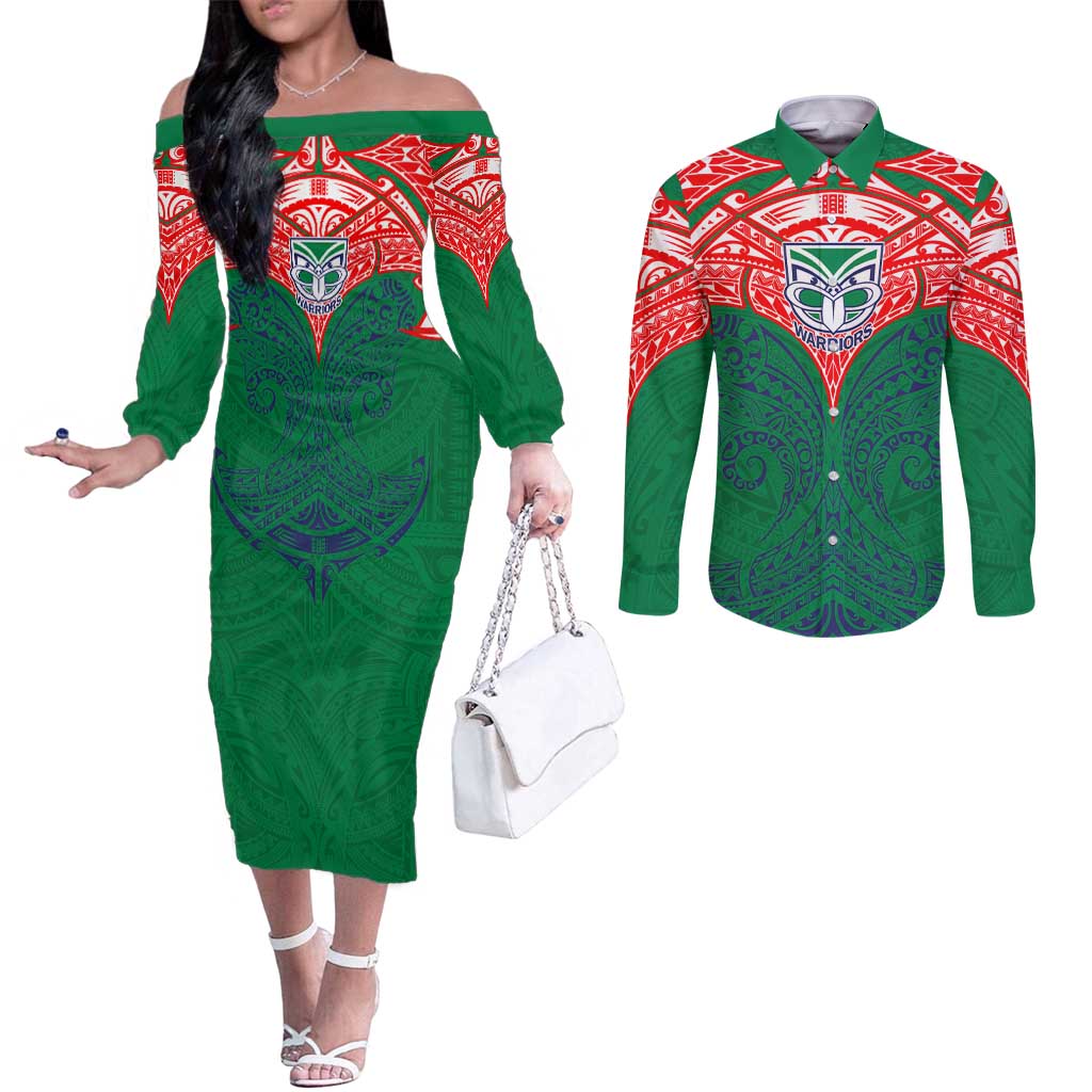 Personalized New Zealand Warriors Couples Matching Off The Shoulder Long Sleeve Dress and Long Sleeve Button Shirt Polynesian Tribal Pattern Style